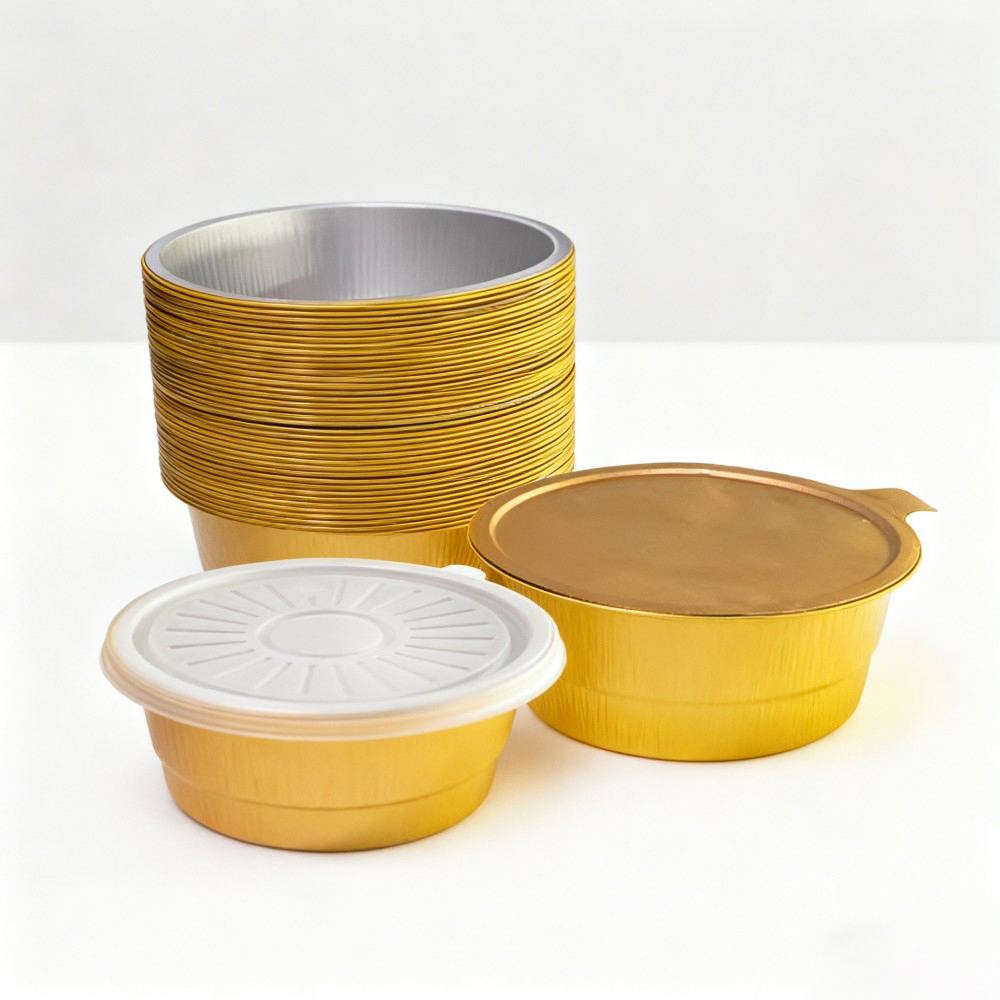 Gold Round Aluminum Foil Bowls with Plastic Lids