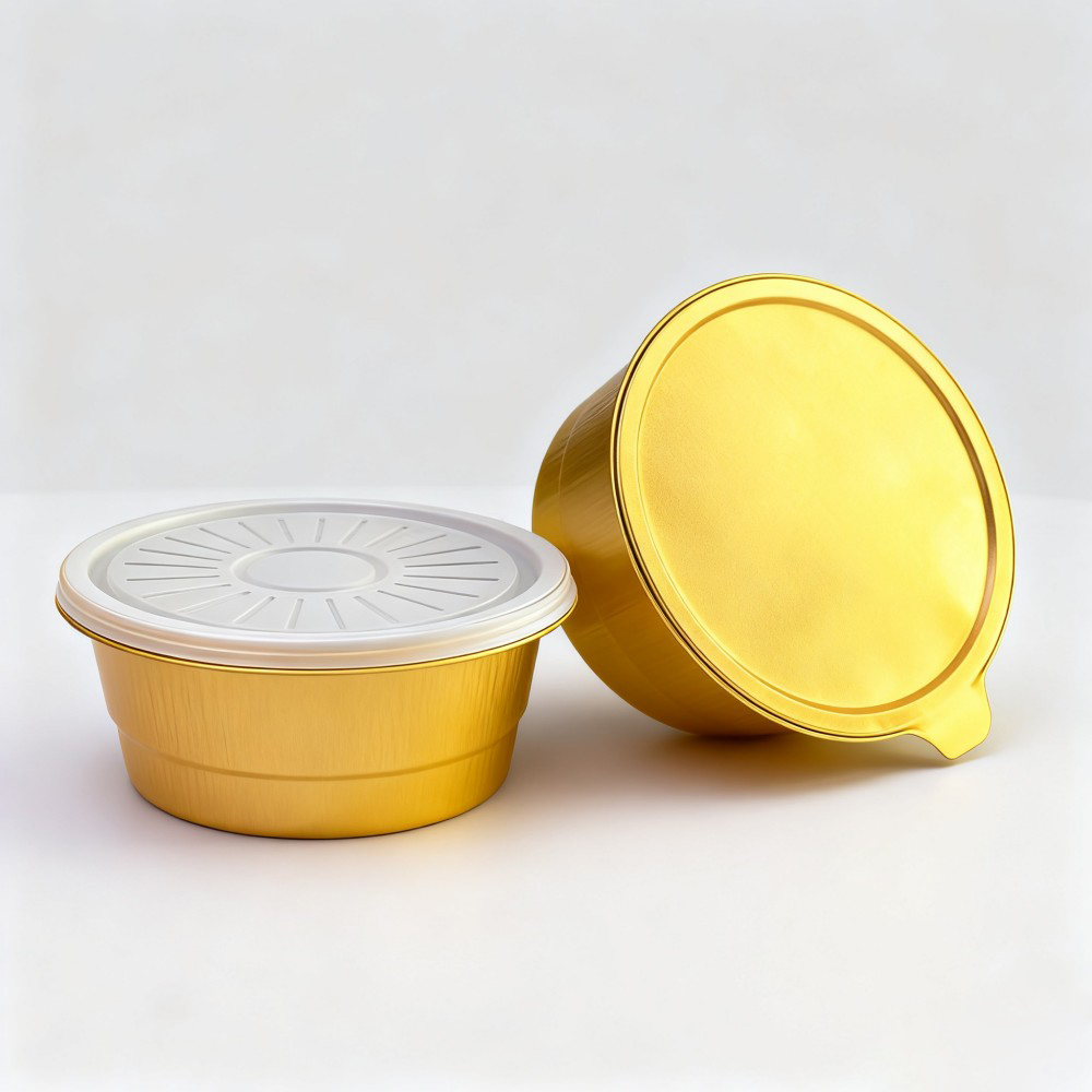 Gold Round Aluminum Foil Bowls with Plastic Lids - Image 2