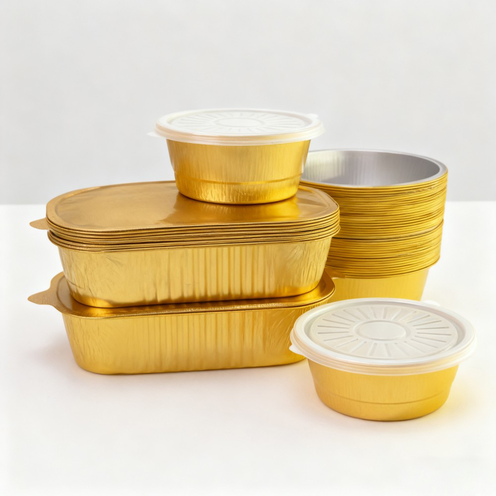 Gold Round Aluminum Foil Bowls with Plastic Lids - Image 3