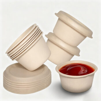 Small Sugarcane Bagasse Portion Cups with Lids for Sauces & Dips