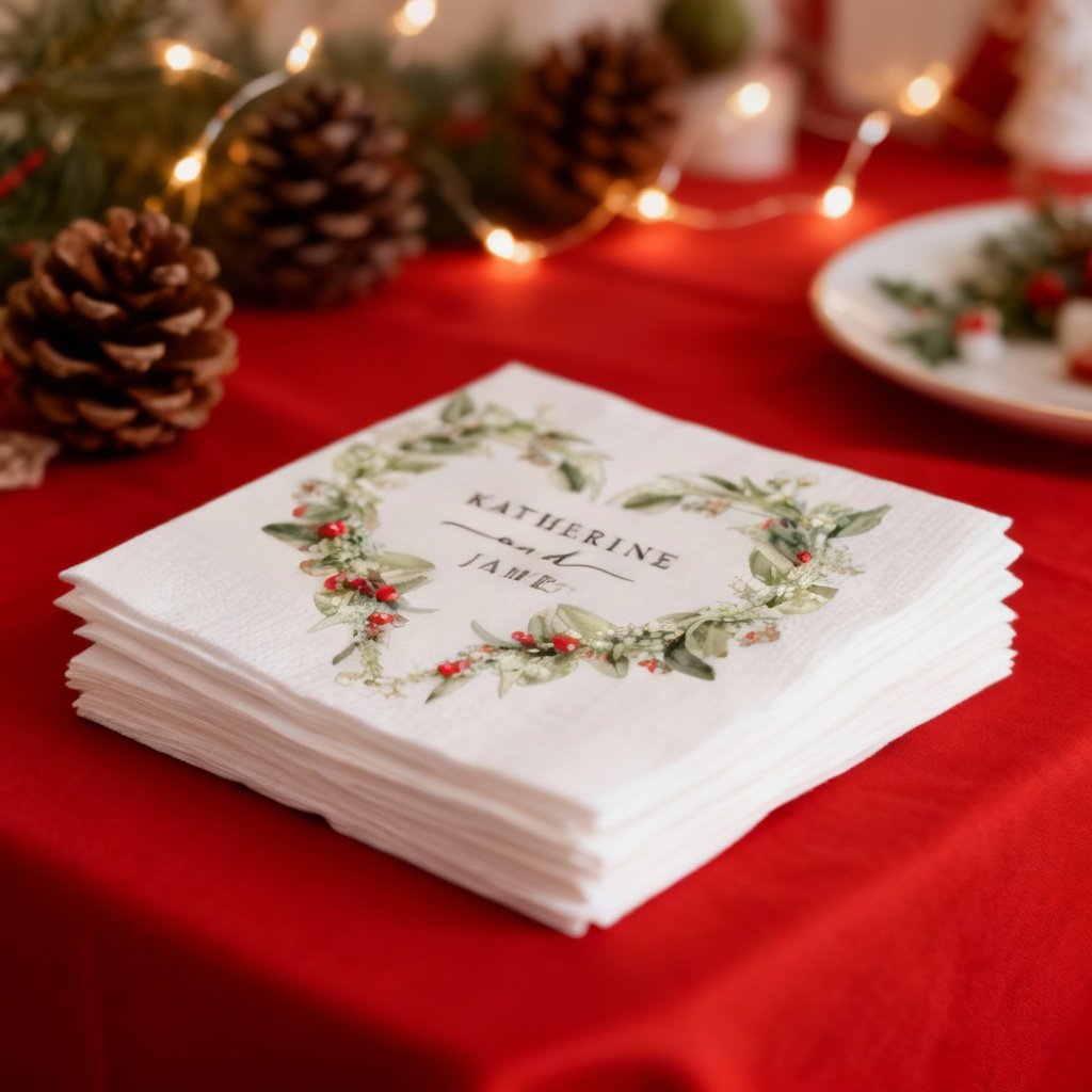 Festive Holiday Dinner Napkins - Holly & Berry Wreath