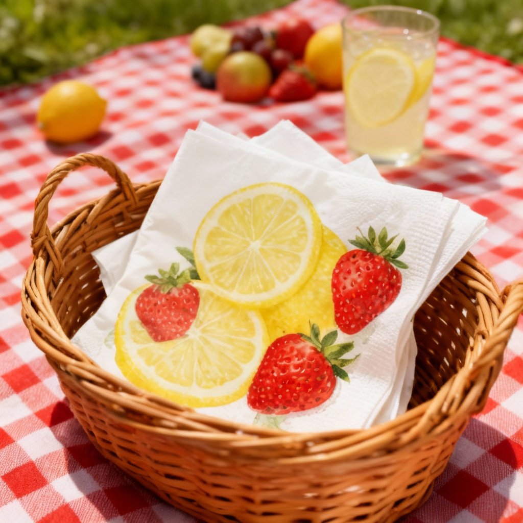 Cheerful Summer Picnic Napkins - Lemon & Strawberry Motif