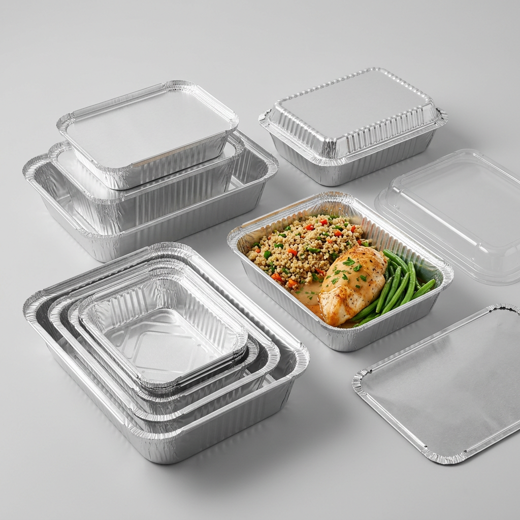 Aluminum foil containers for foodservice with different depths and matching lids