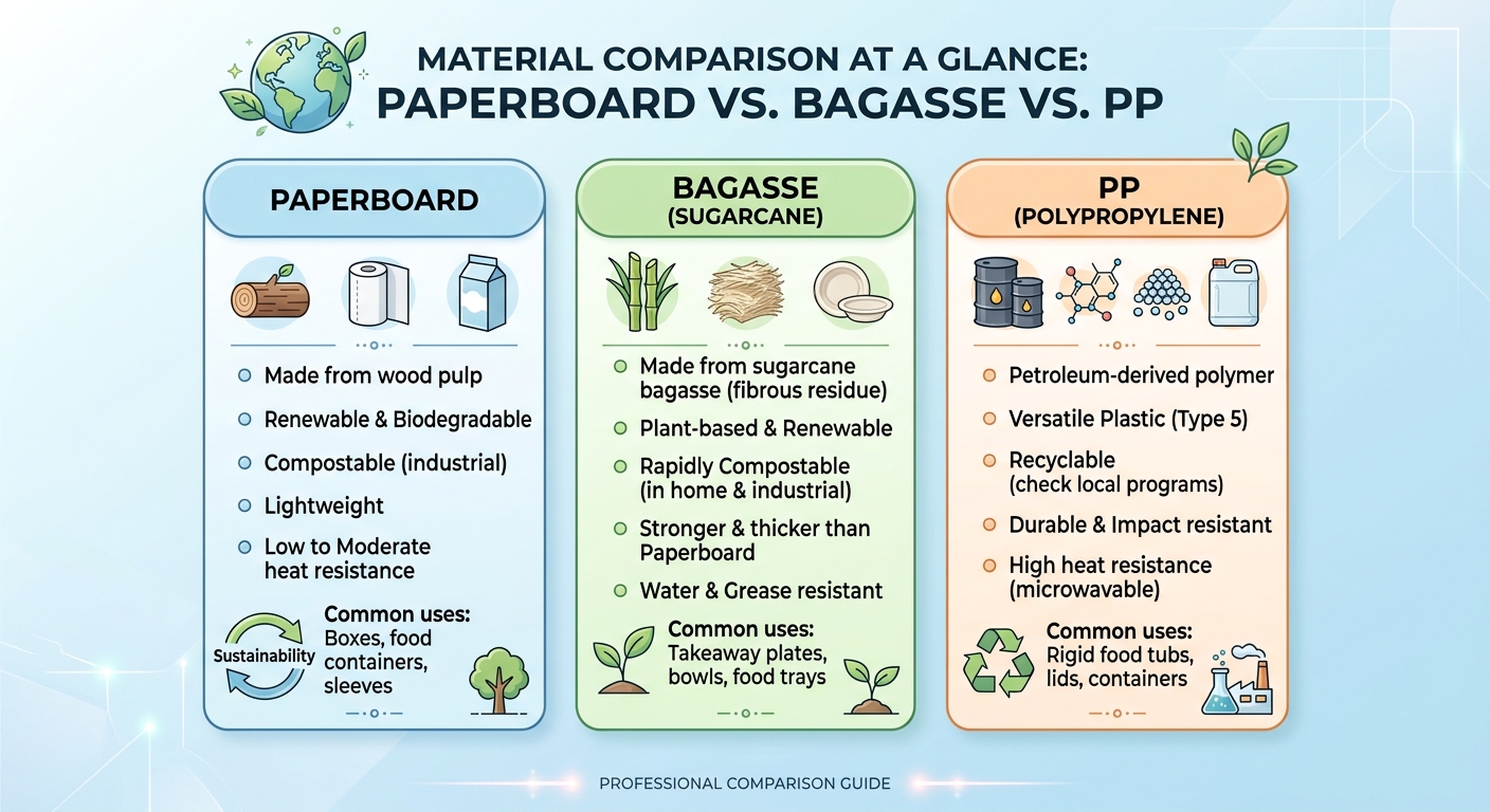 Material Comparison at a Glance: Paperboard vs. Bagasse vs. PP