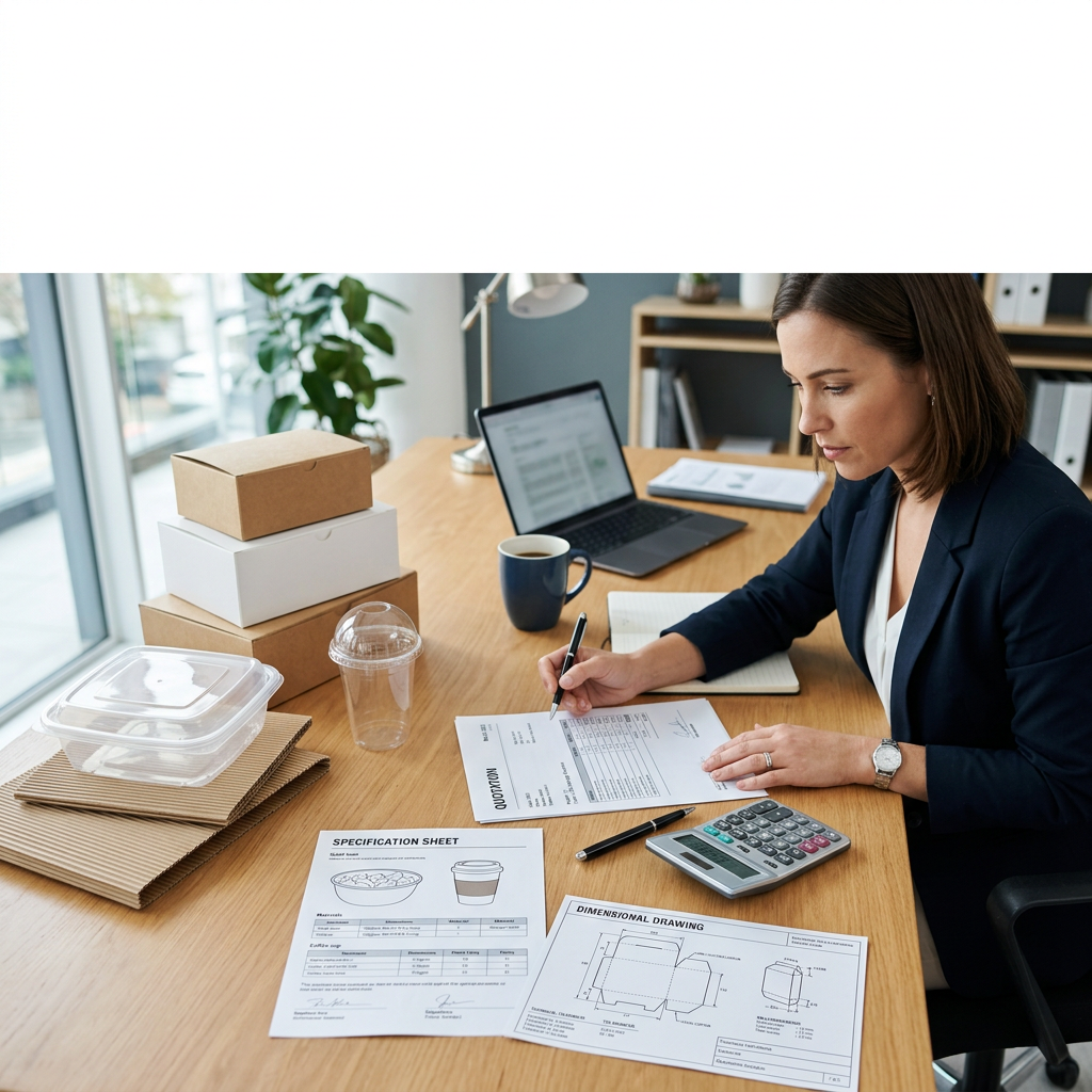 B2B buyer reviewing food packaging supplier quotes and product specifications
