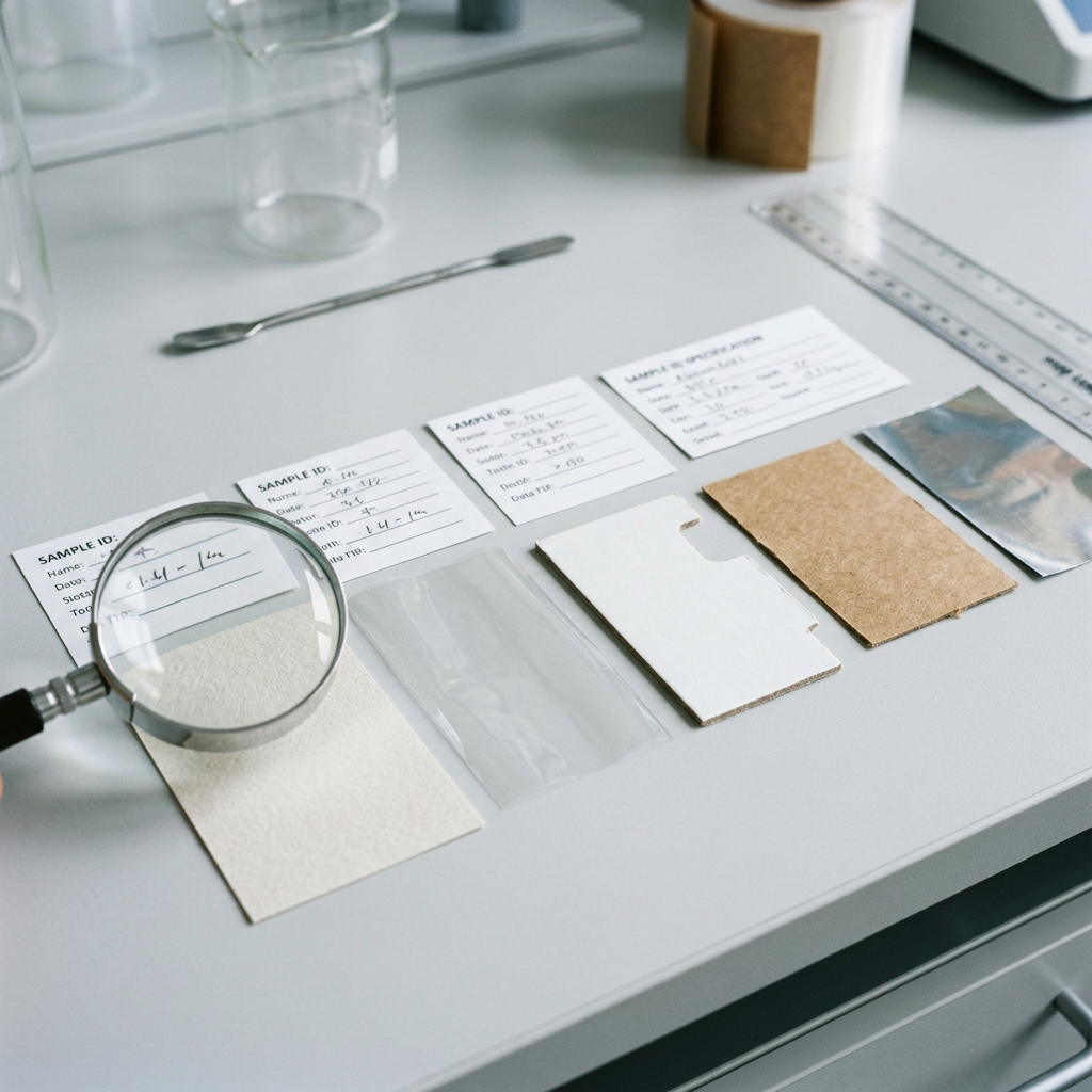 Food packaging material and coating samples for supplier quote review