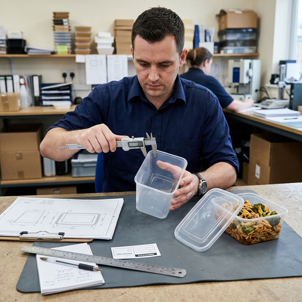 Buyer checking food packaging dimensions and lid fit