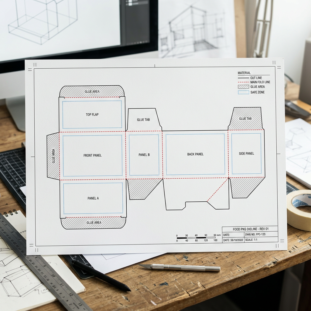 Food packaging dieline showing cut lines, fold lines, and artwork panels