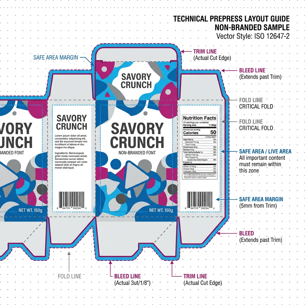 Packaging artwork diagram showing bleed, trim line, fold line, and safe area