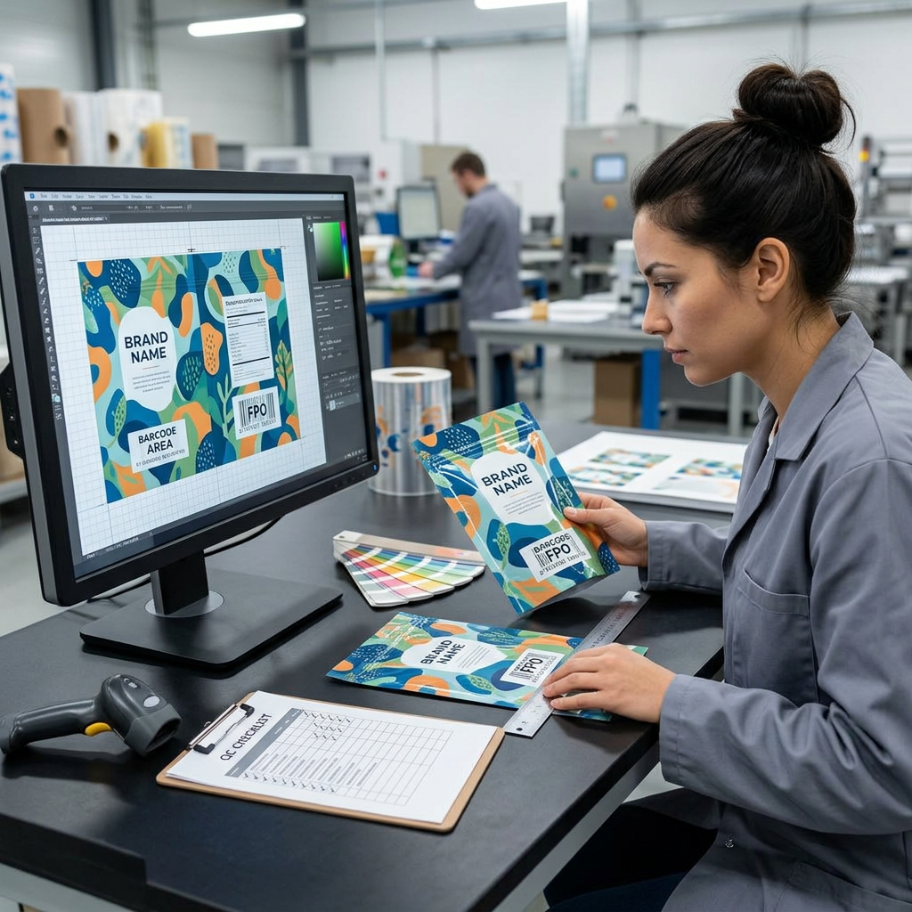 Buyer reviewing a digital packaging proof beside a physical printed sample