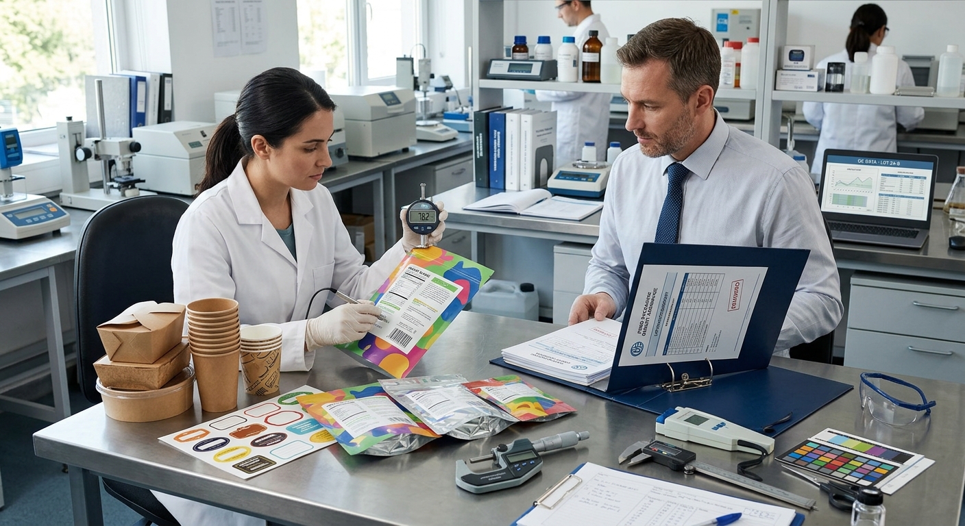 Food packaging samples being checked against test and traceability records