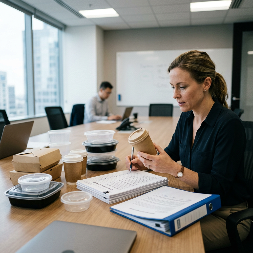 Importer reviewing food packaging samples and compliance records
