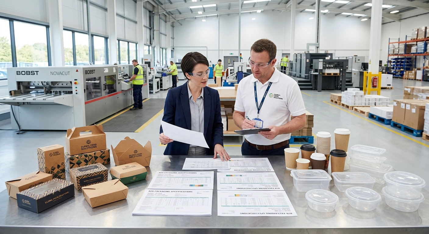 Food packaging buyer and manufacturer reviewing custom packaging MOQ requirements