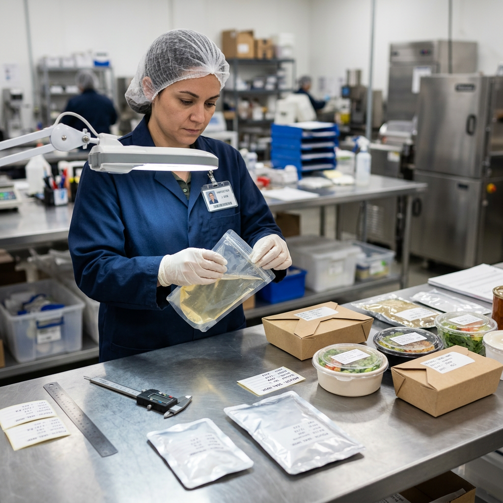 Quality inspector using a food packaging seal testing checklist