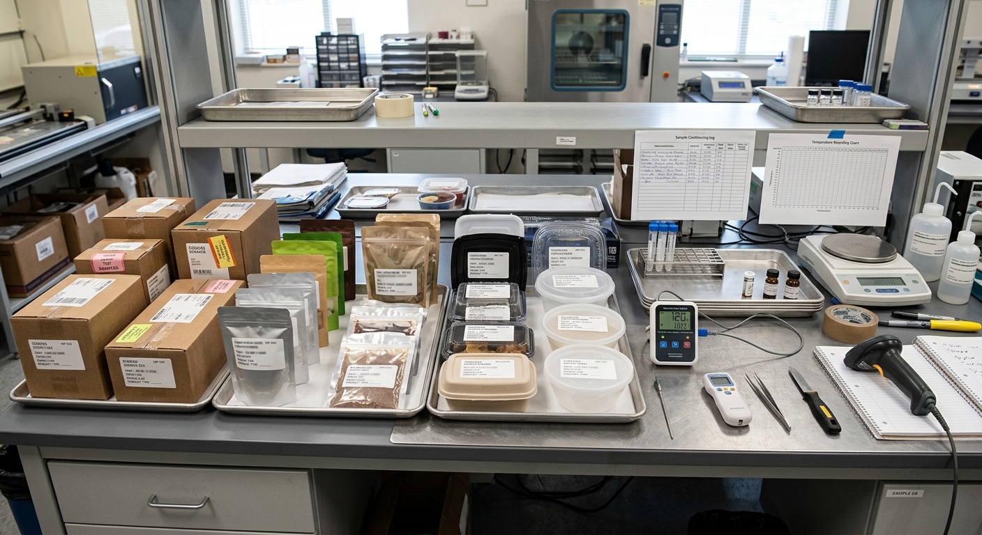 Food packaging samples prepared for seal testing conditions
