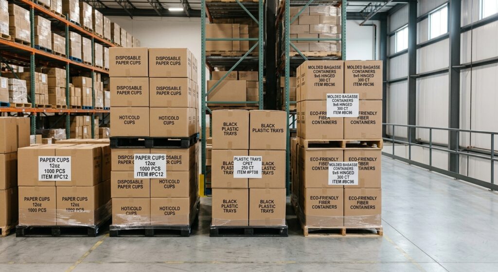Clean warehouse storage for paper, plastic, and bagasse food packaging
