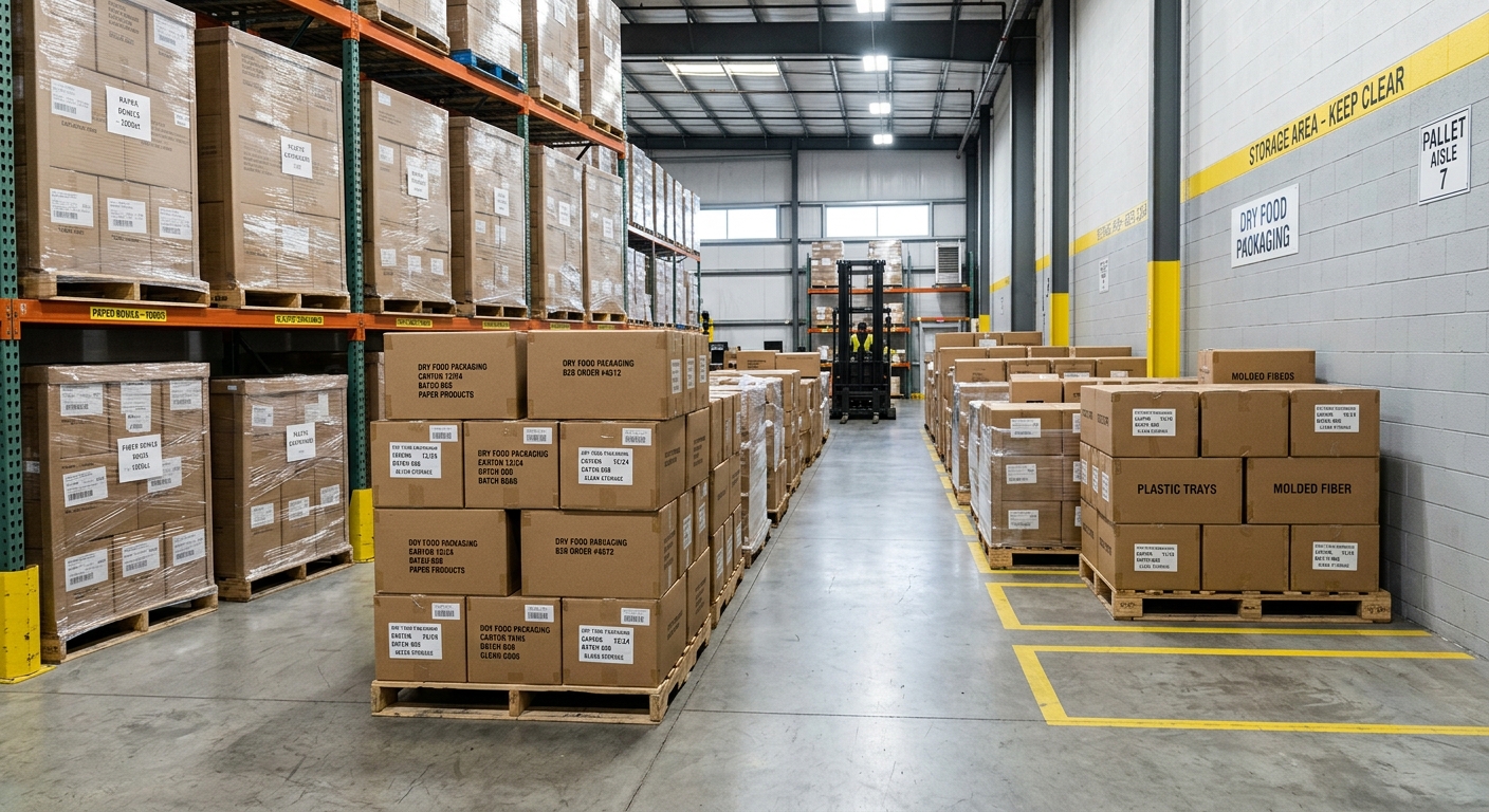Dry and organized food packaging storage area