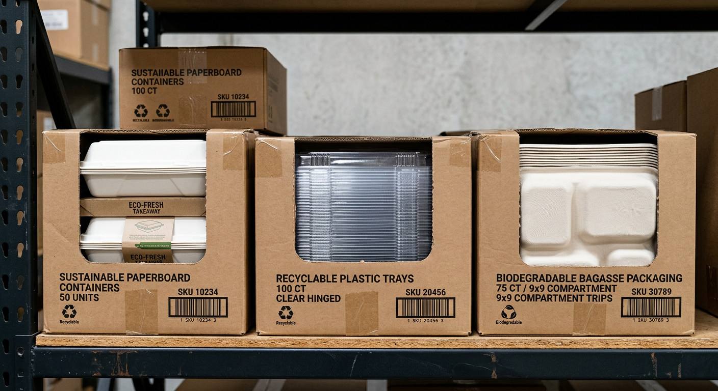 Paper plastic and bagasse packaging stored safely