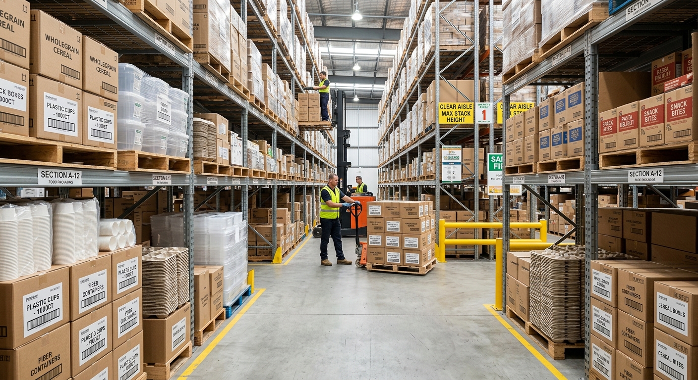 Organized warehouse handling of food packaging