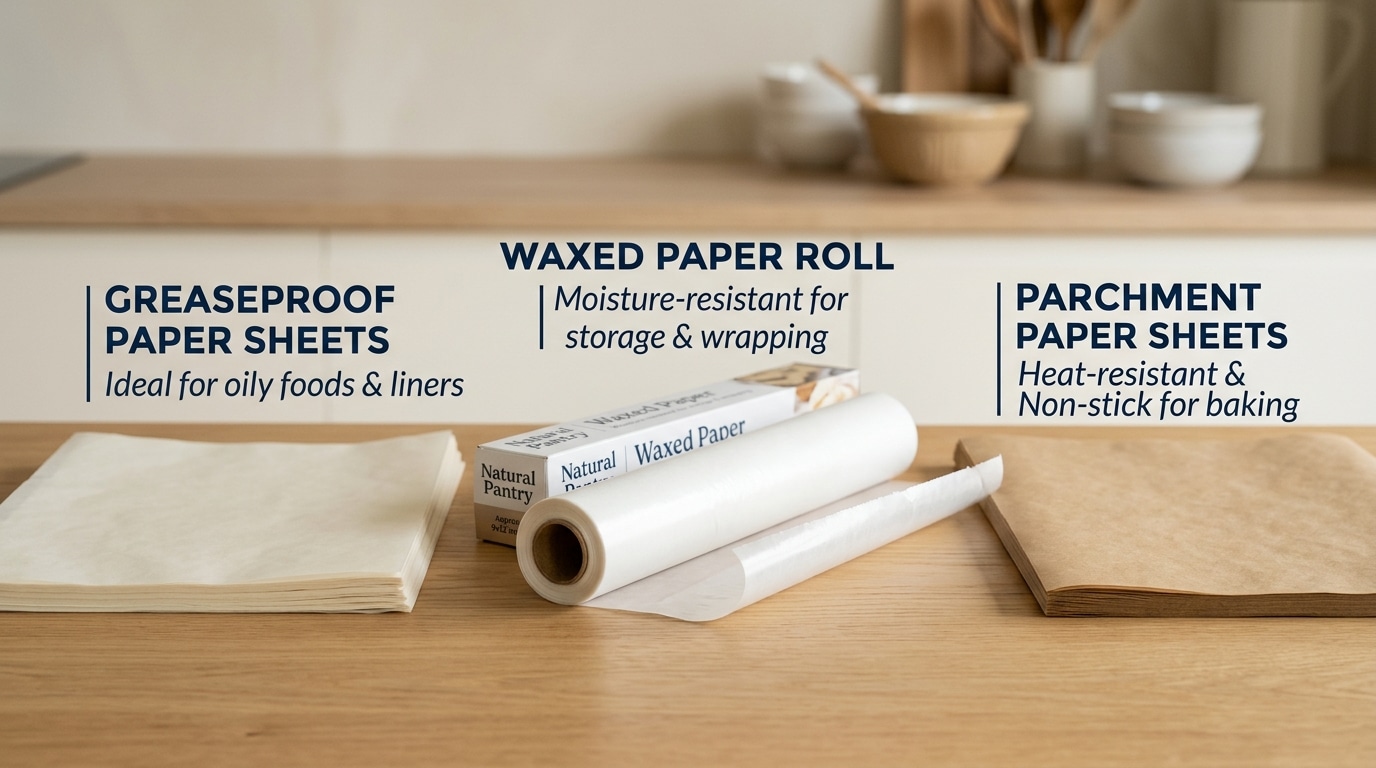 Greaseproof, waxed, and parchment food wrap paper types displayed together for comparison