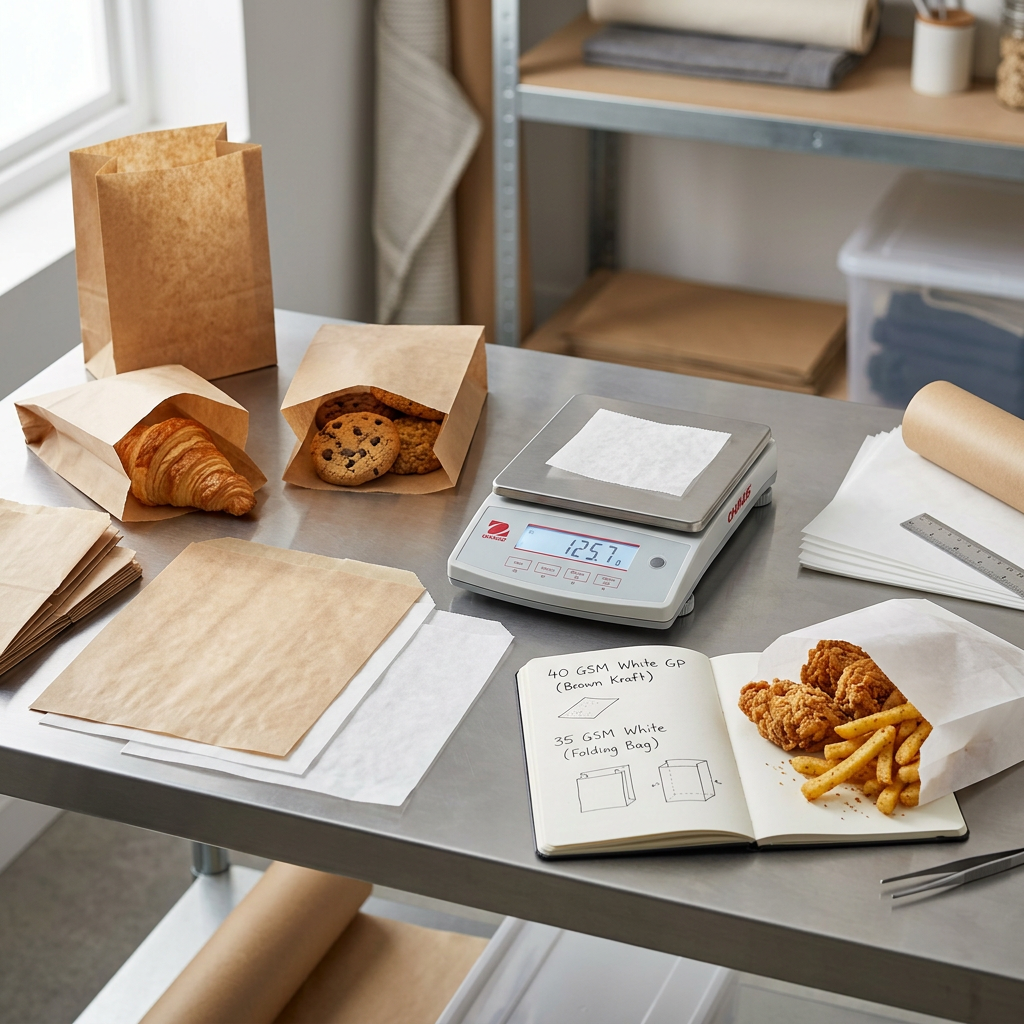 Greaseproof paper sheets and food bags prepared for GSM and barrier-performance evaluation