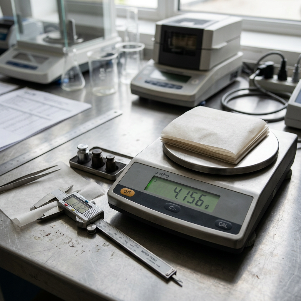 Measuring greaseproof paper weight and thickness for GSM specification