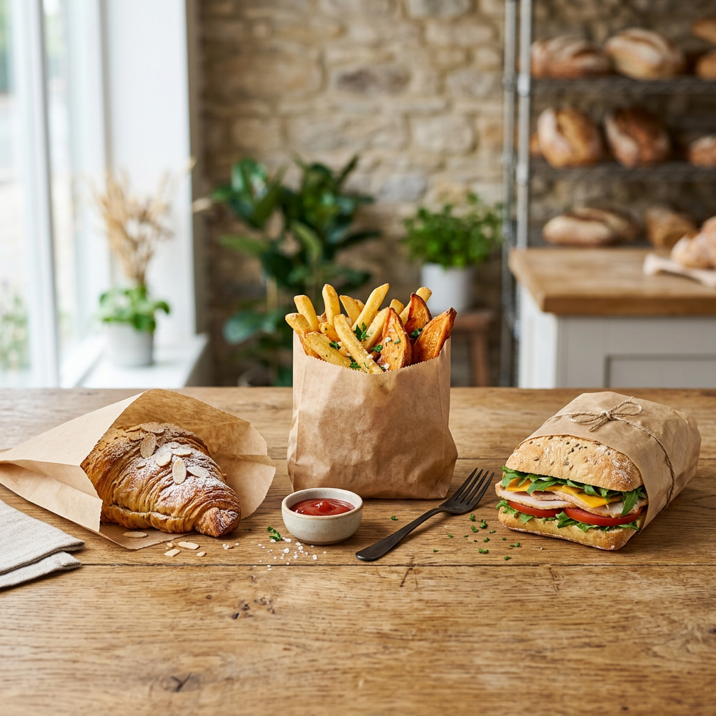 Greaseproof paper packaging for bakery, fried snack, and sandwich applications