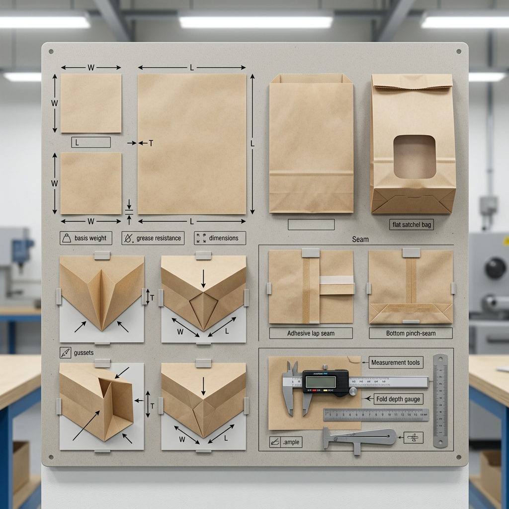 Checking greaseproof paper bag dimensions, folds, gussets, and seams