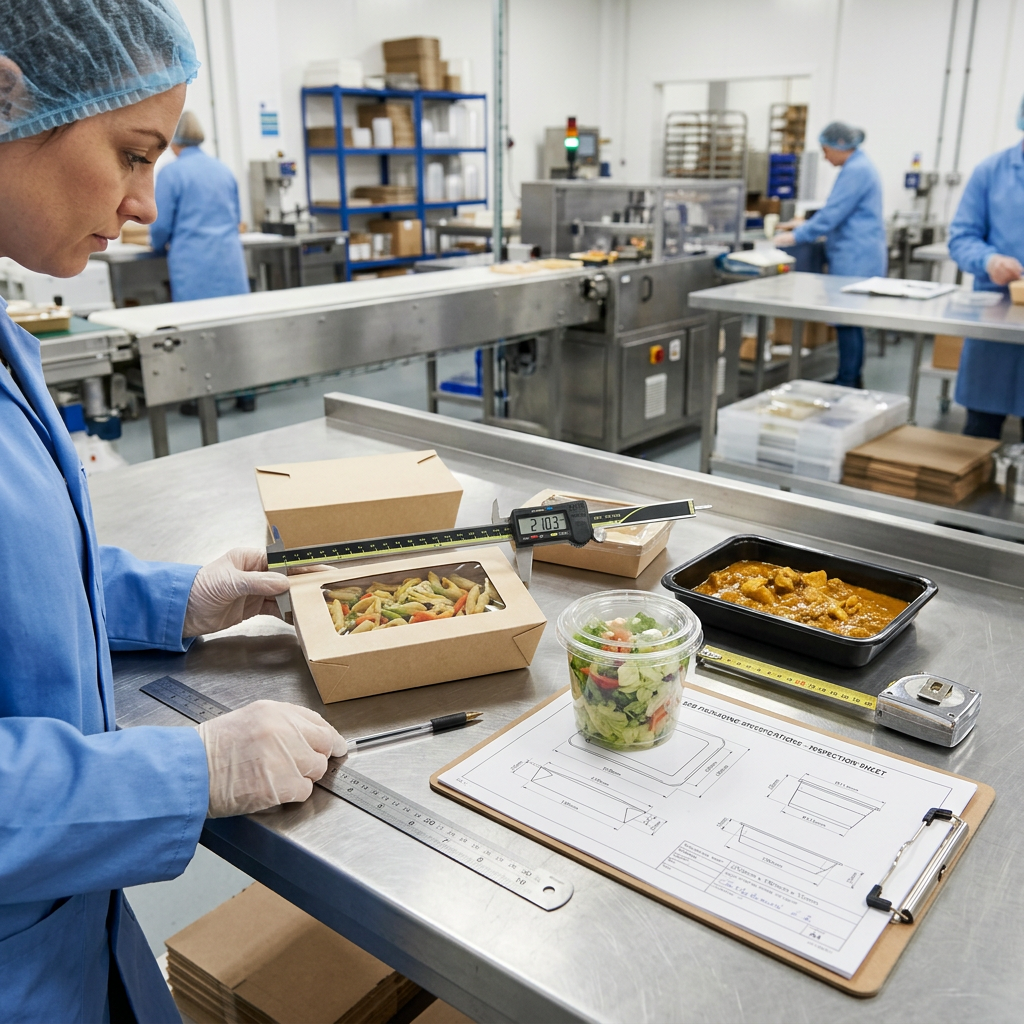 Measuring food packaging dimensions with a ruler and digital caliper before ordering