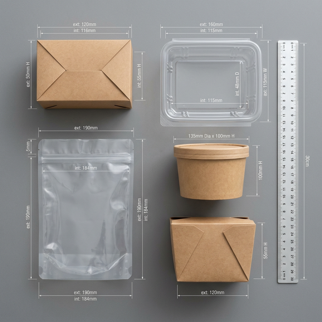 Internal and external food packaging dimensions marked for measurement