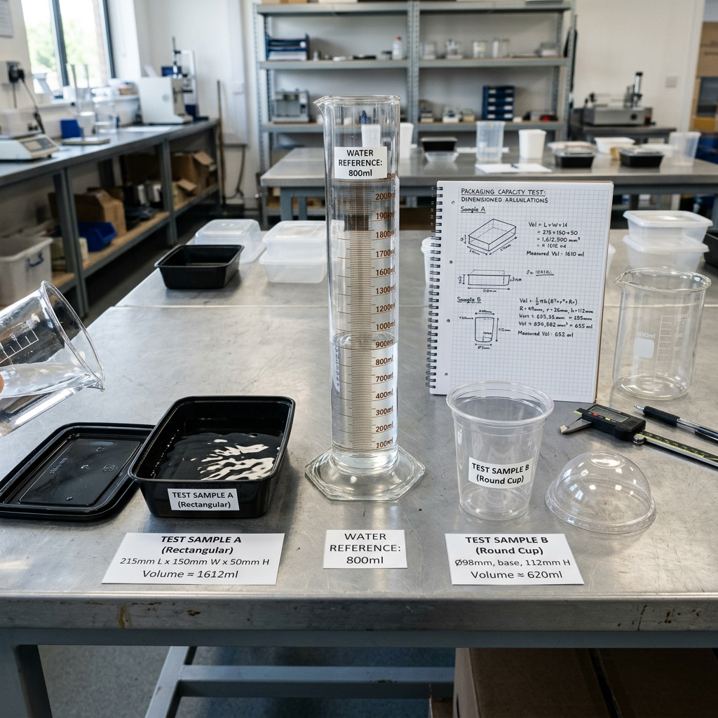 Testing food packaging capacity with measured volume and internal dimensions