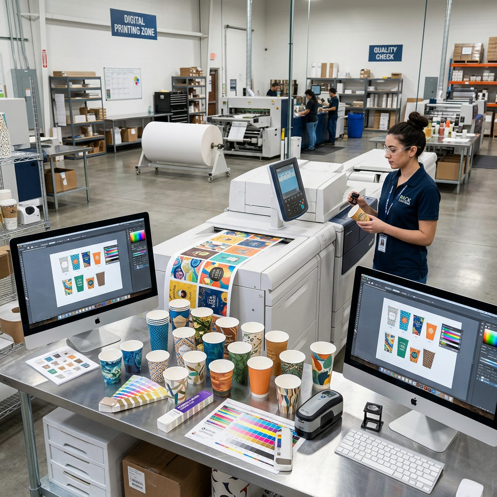 Digital printing samples showing multiple paper cup designs