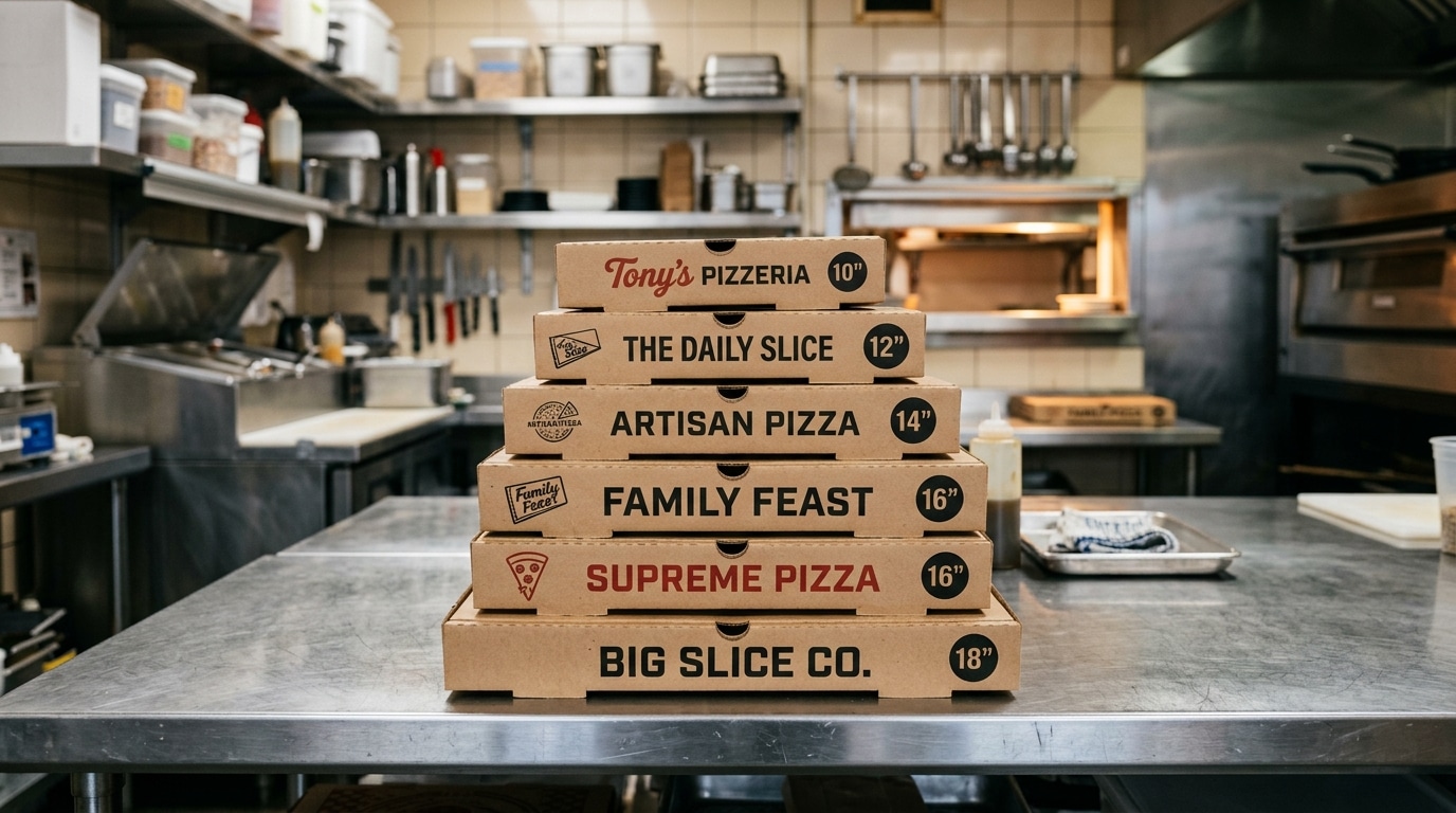 Stack of various pizza box sizes for restaurant use