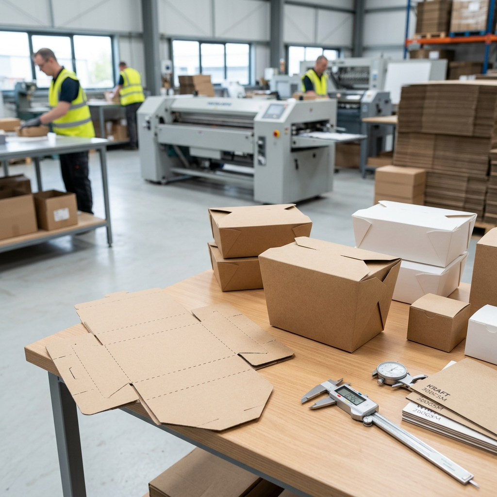 Takeaway paper boxes and paperboard samples showing different board grades and folding structures