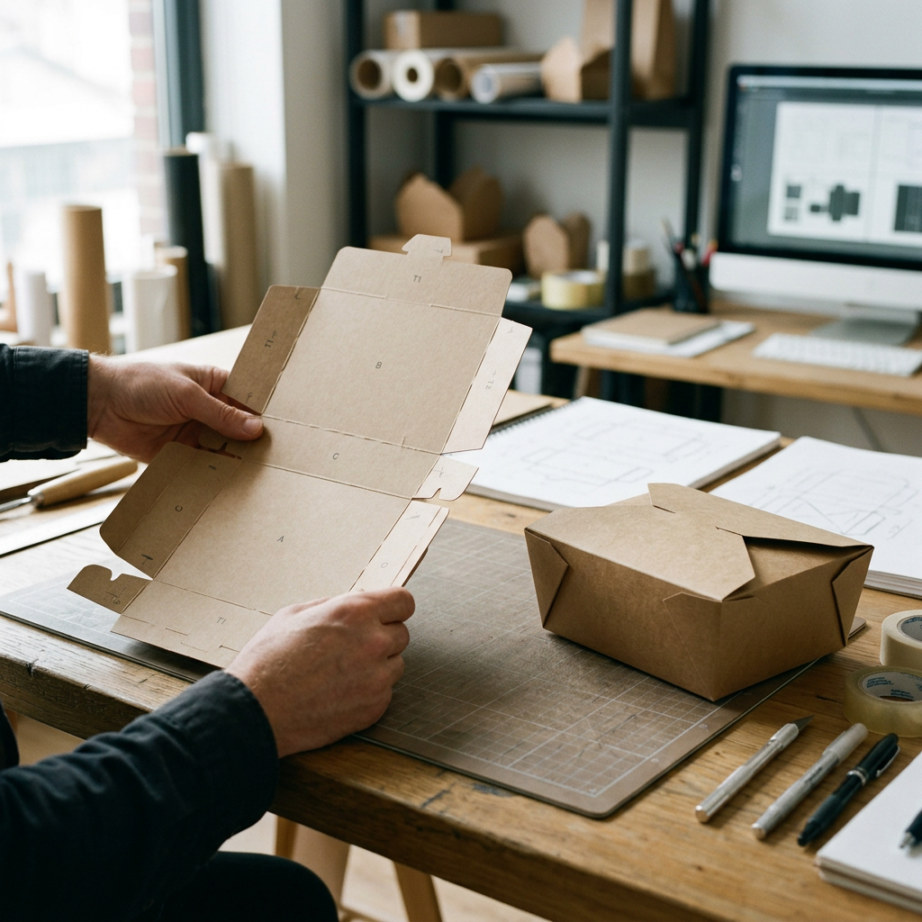 Paperboard takeaway box blank being folded along scored creases