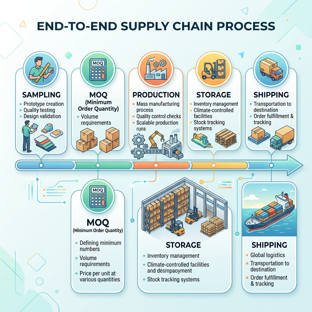 Sampling, MOQ, Production, Storage, and Shipping