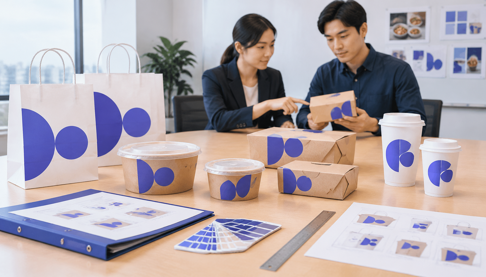 Coordinated custom food packaging for restaurant chains being reviewed with sample specifications