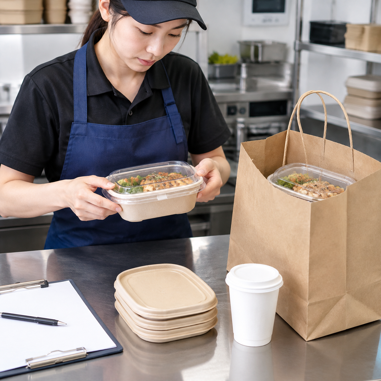 Store staff checking container closure and bag fit during packaging sample approval