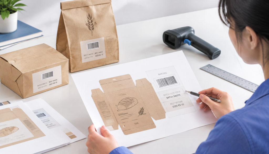 Food packaging artwork review with separate barcode, batch-code, and best-before panels