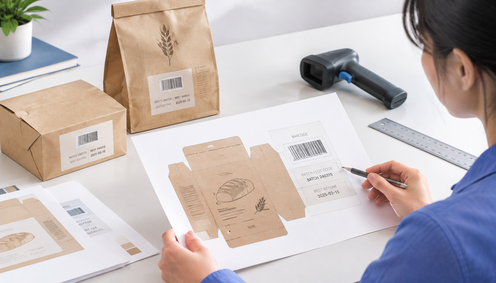 Food packaging artwork review with separate barcode, batch-code, and best-before panels