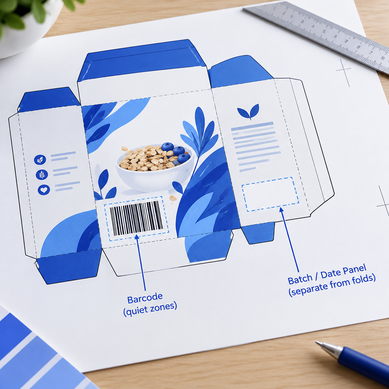 Carton artwork with barcode quiet zones and a separate batch-code panel away from folds