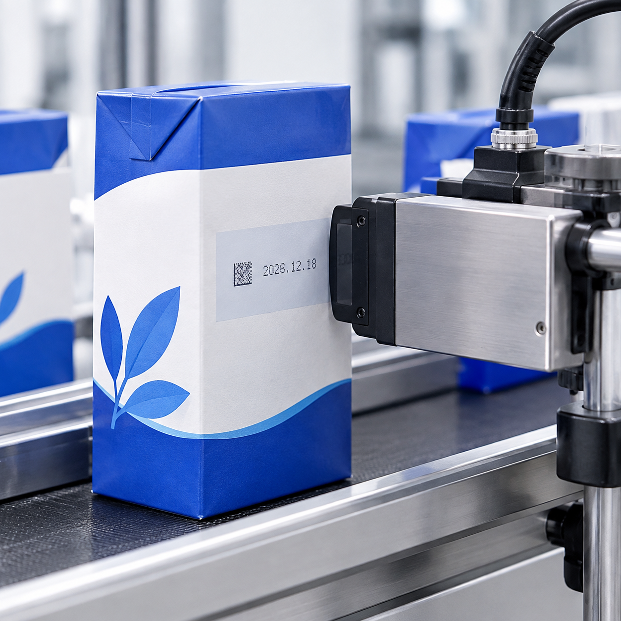 Inkjet coding head beside a reserved variable-data panel on a paperboard food carton