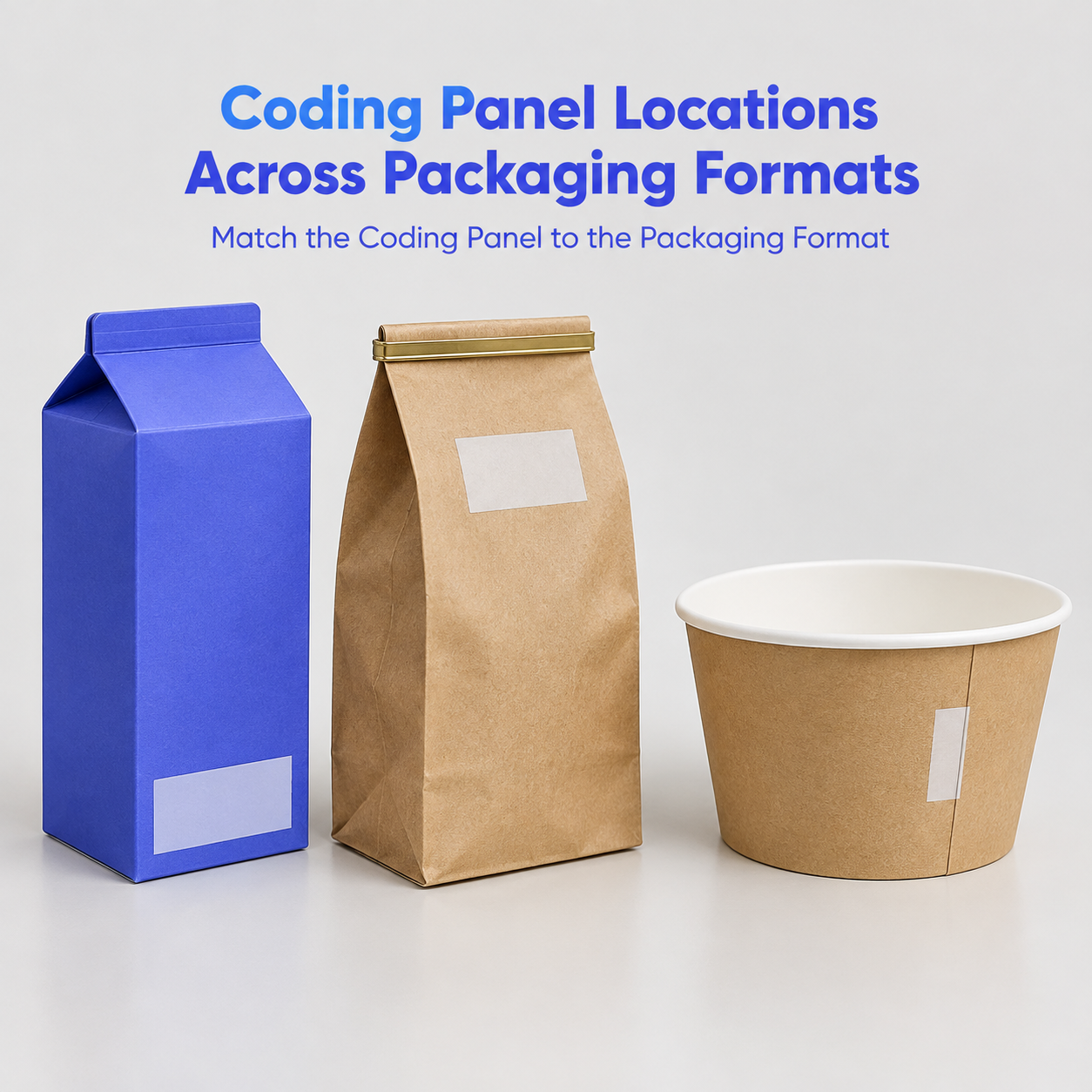 Food box, tin tie paper bag, and paper bowl showing different coding-panel locations