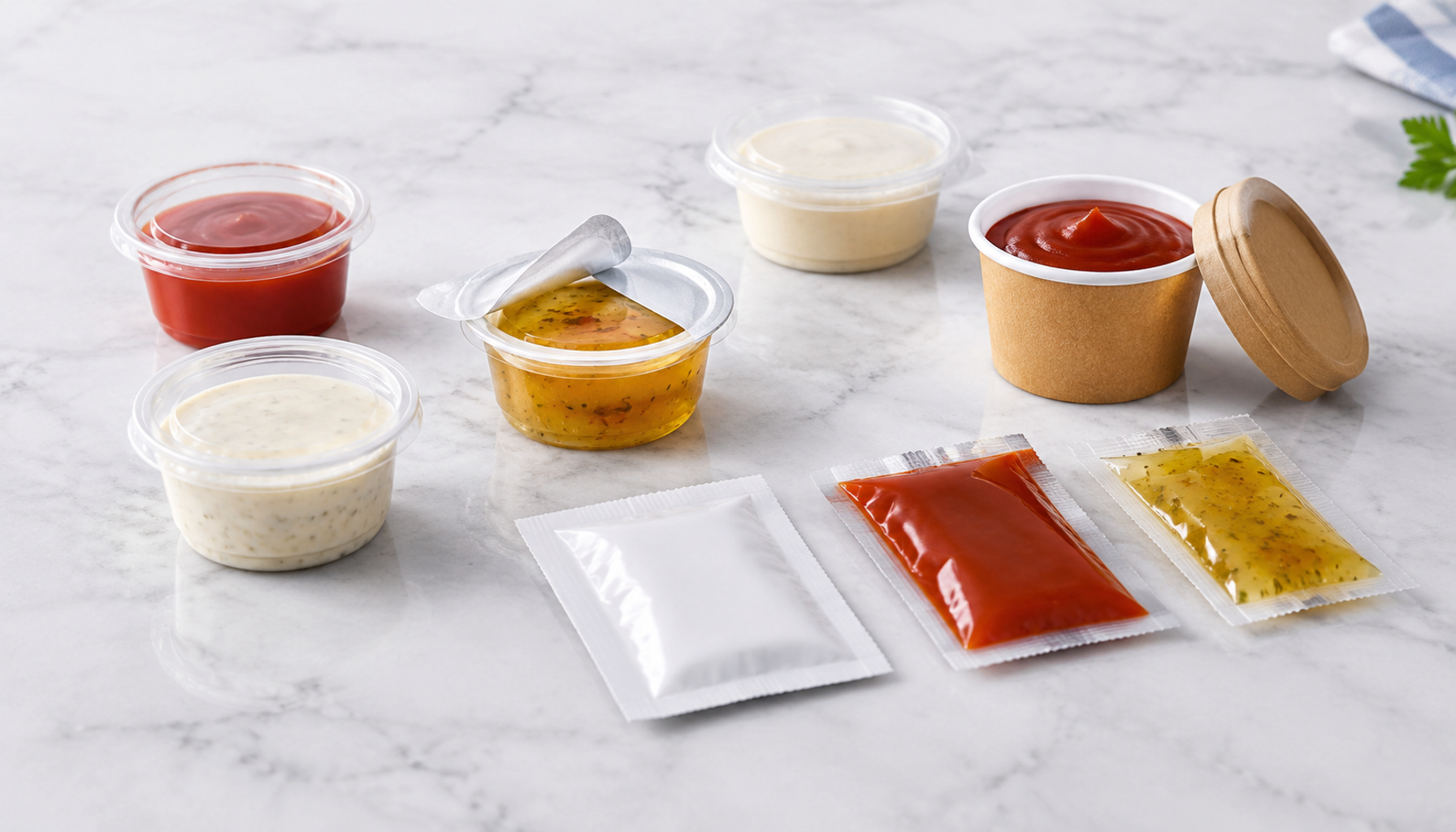 Food packaging for sauces and condiments shown as portion cups, sealed cups, and sachets
