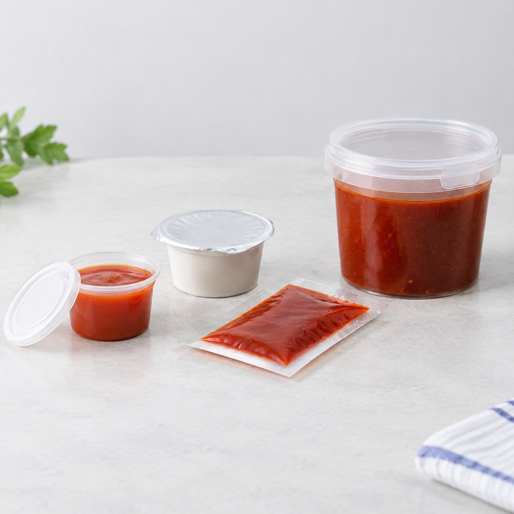 Portion cup, film-sealed dip cup, condiment sachet, and resealable sauce tub