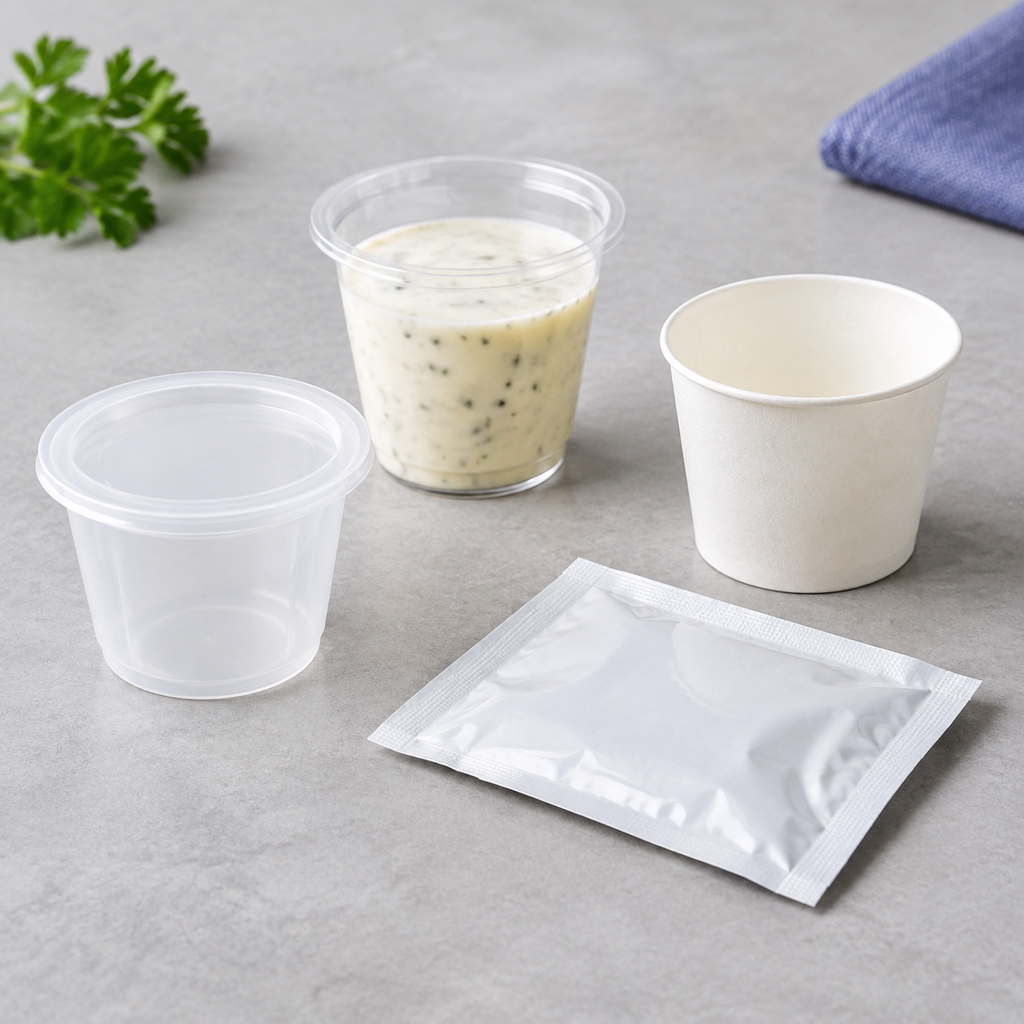 Illustrative plastic, coated paper, and flexible film formats for condiment packaging