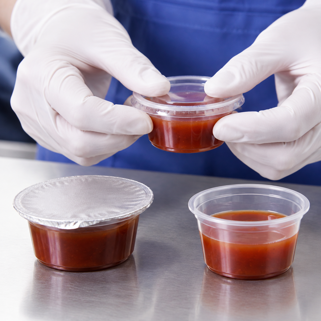 Checking sauce cup lid engagement beside a film-sealed sample and an open portion cup
