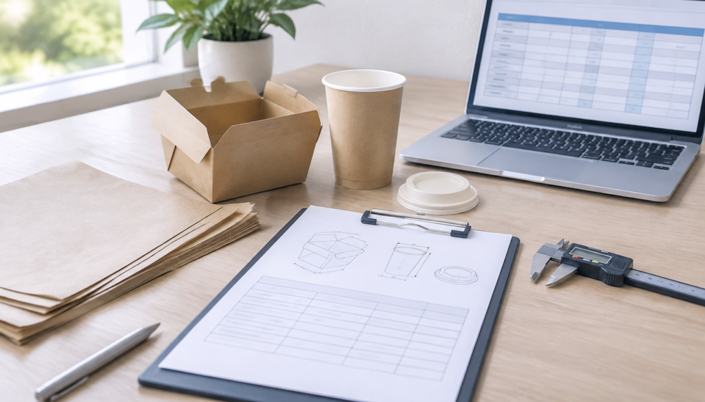 Food packaging specification sheet workspace with packaging samples and measuring tools