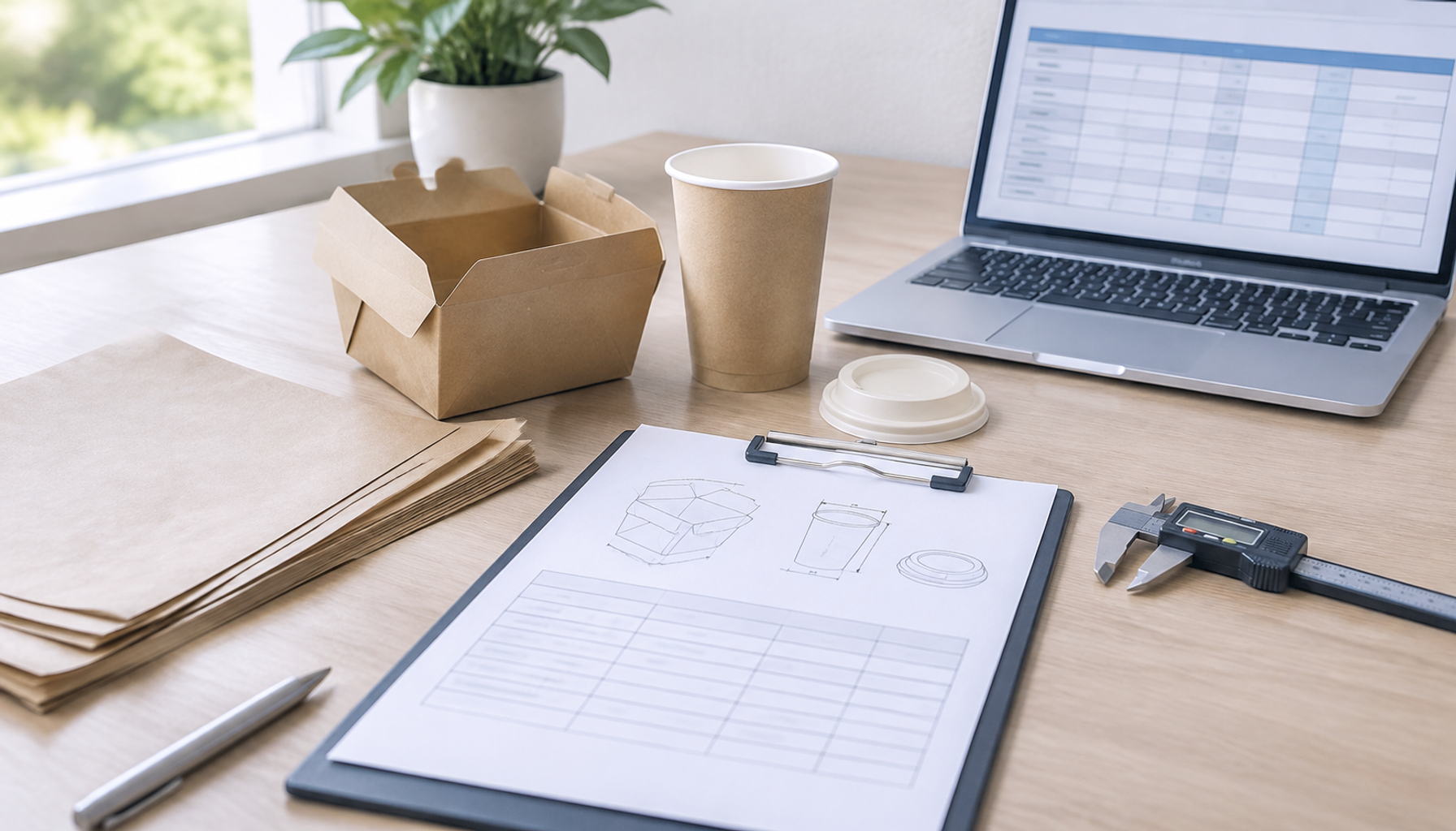 Food packaging specification sheet workspace with packaging samples and measuring tools