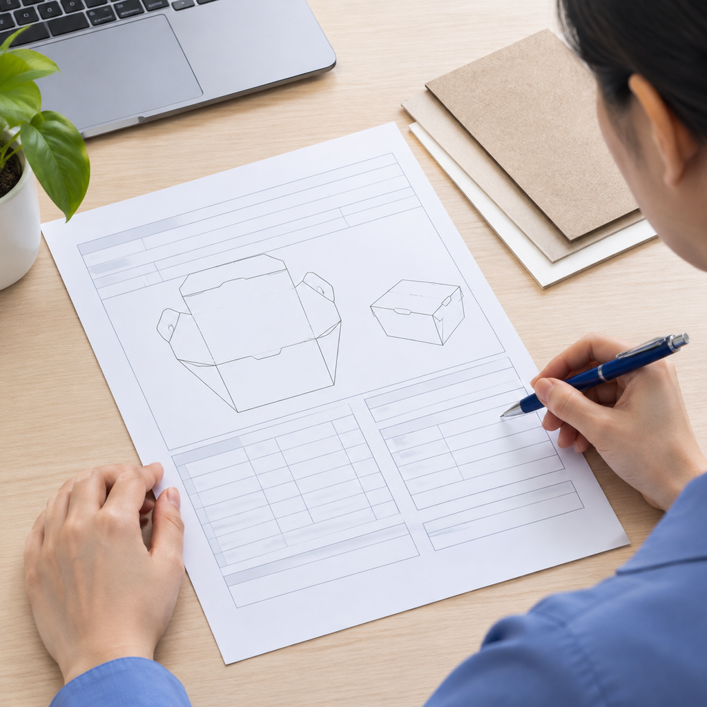 Packaging RFQ template with a technical drawing and paperboard sample